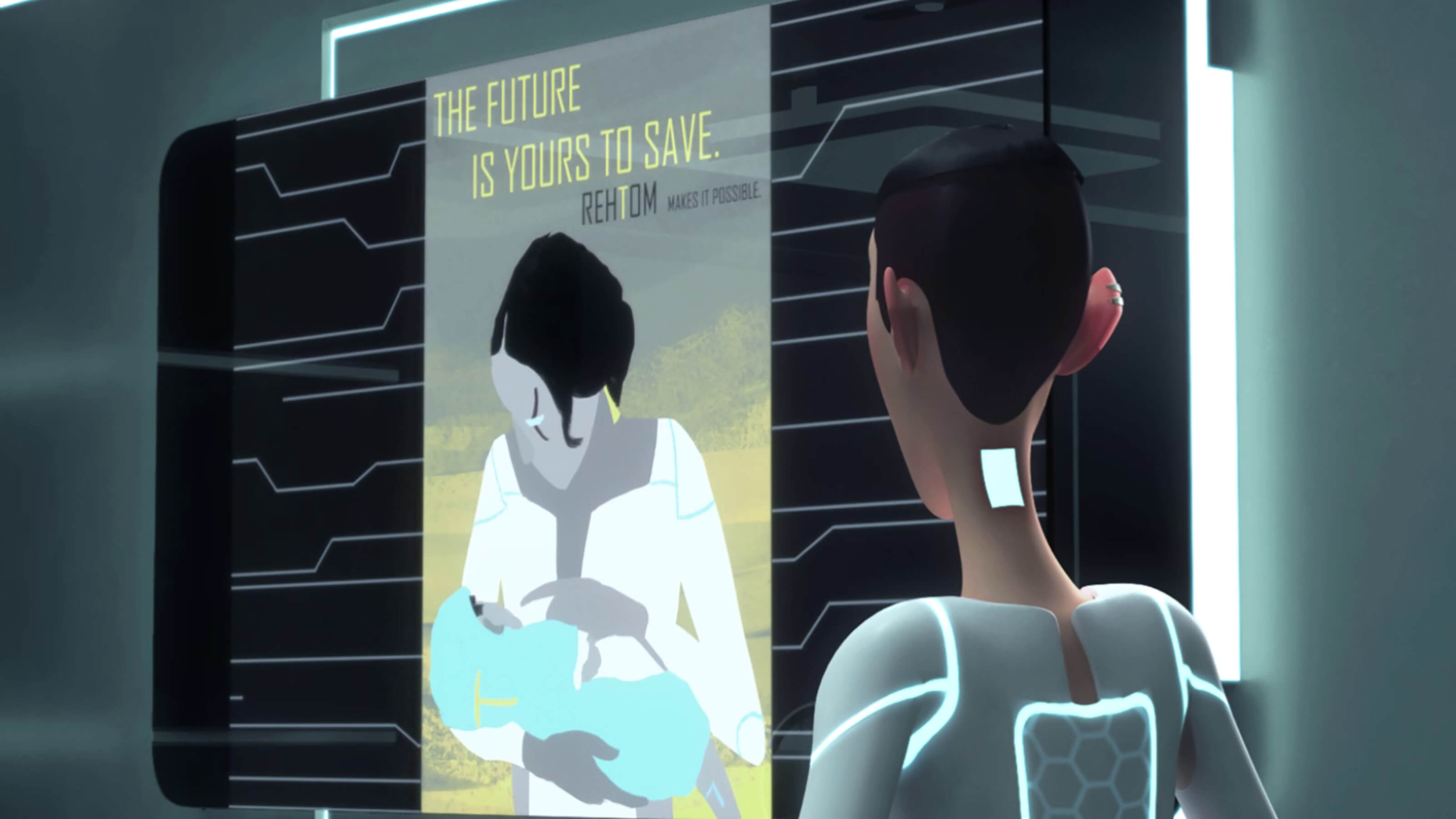 A person in a futuristic setting looks at a poster of a mother with a child in her arms, with &quot;The future is yours to save.&quot;