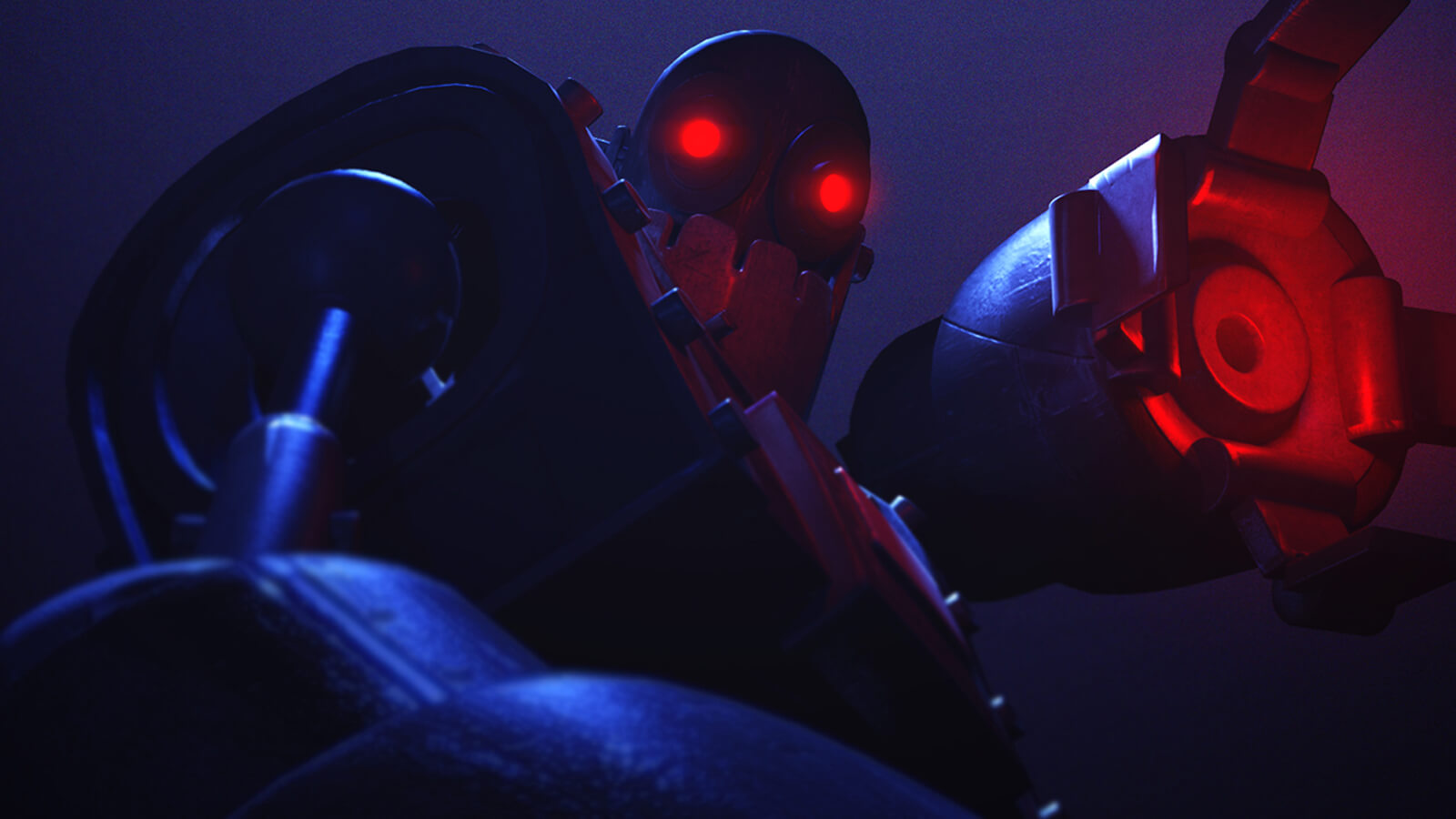 Vista en contrapicado de un robot metálico levemente iluminado que levanta una mano con sus garras abiertas. Tanto sus garras como sus ojos brillan en rojo en la oscuridad.