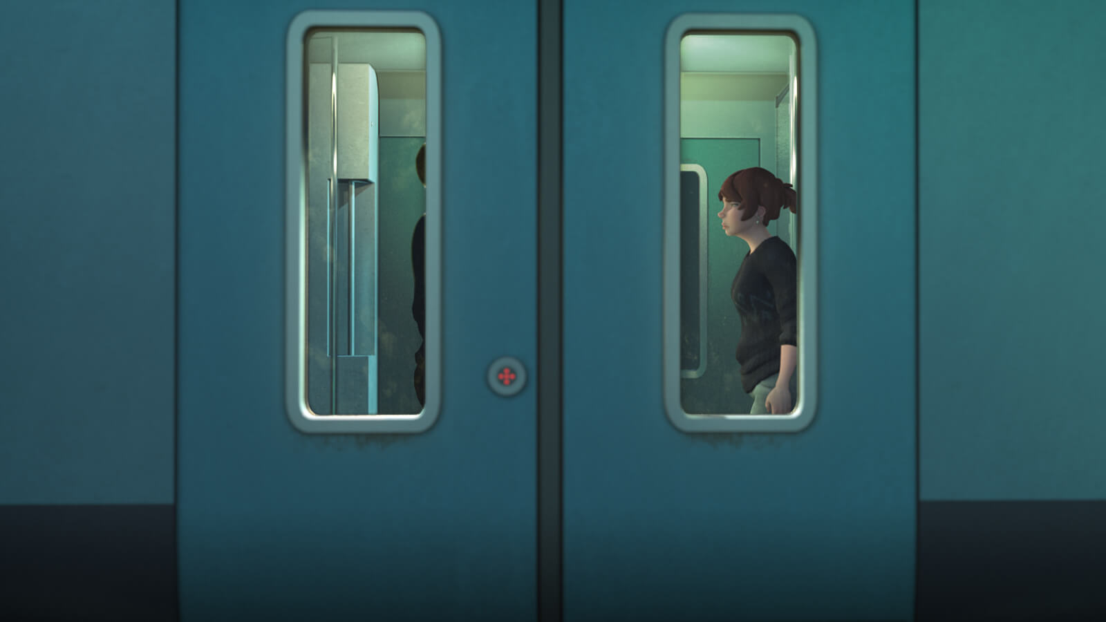 Una mujer de perfil con jersey negro se ve al otro lado de la ventanilla vertical de las puertas correderas de un tren.