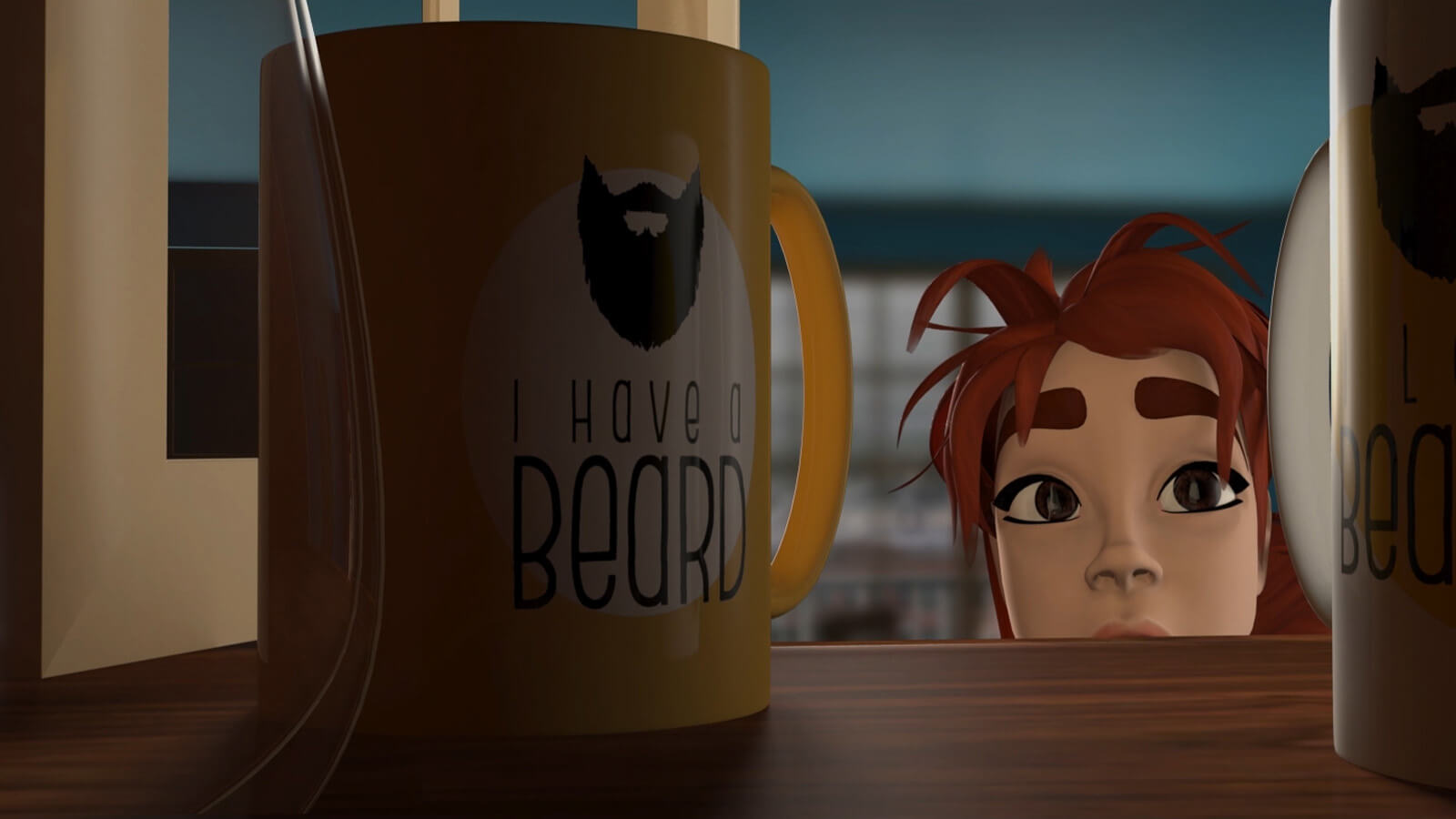 A woman reaches into a cupboard for her coffee mug that says &#039;I have a beard.&#039;