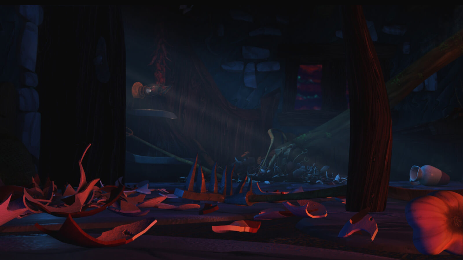 A dimly lit room filled with broken pottery shards and other fallen debris.