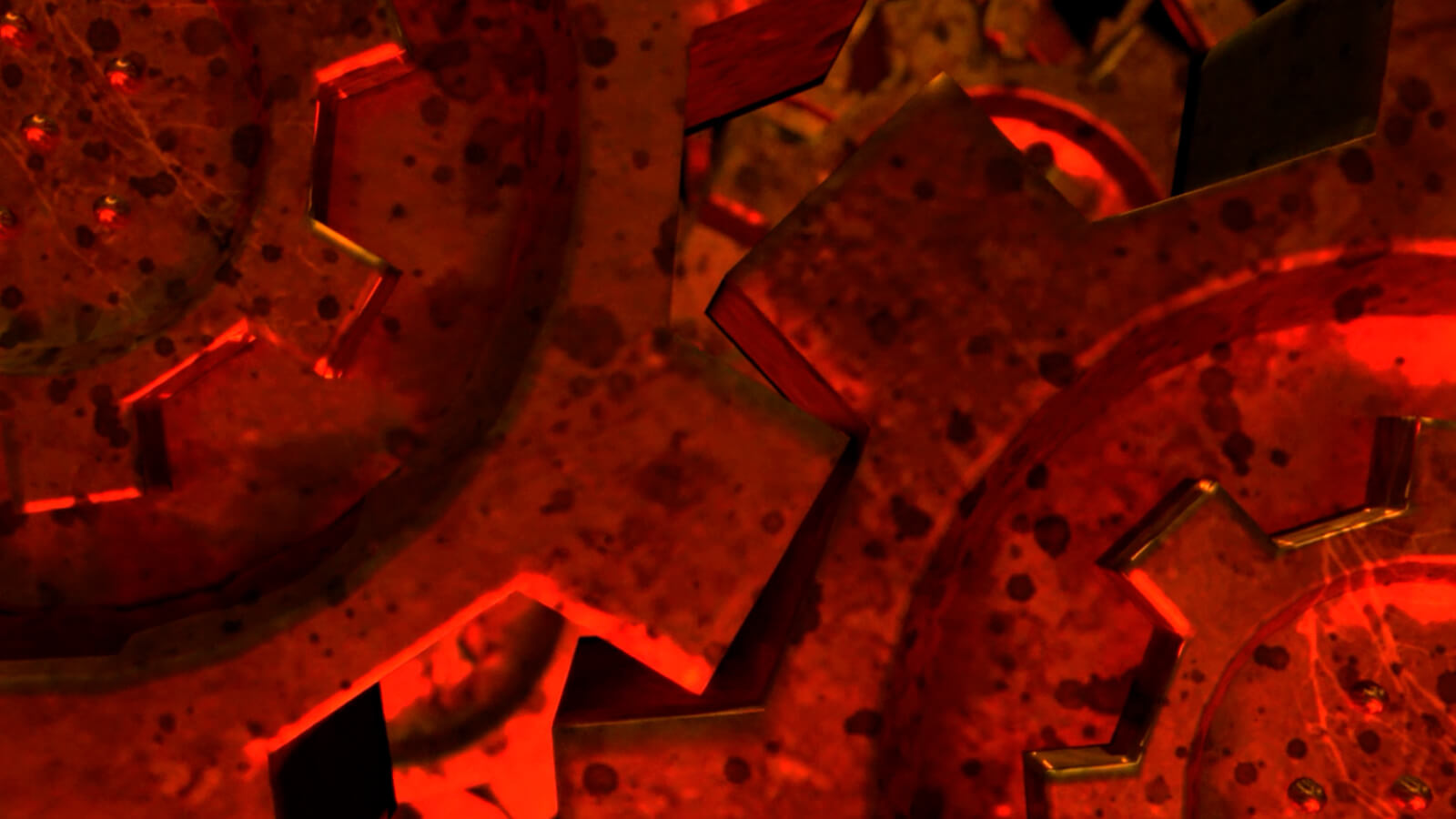 Primer plano extremo de engranages metálicos con manchas de grasa iluminados en rojo.