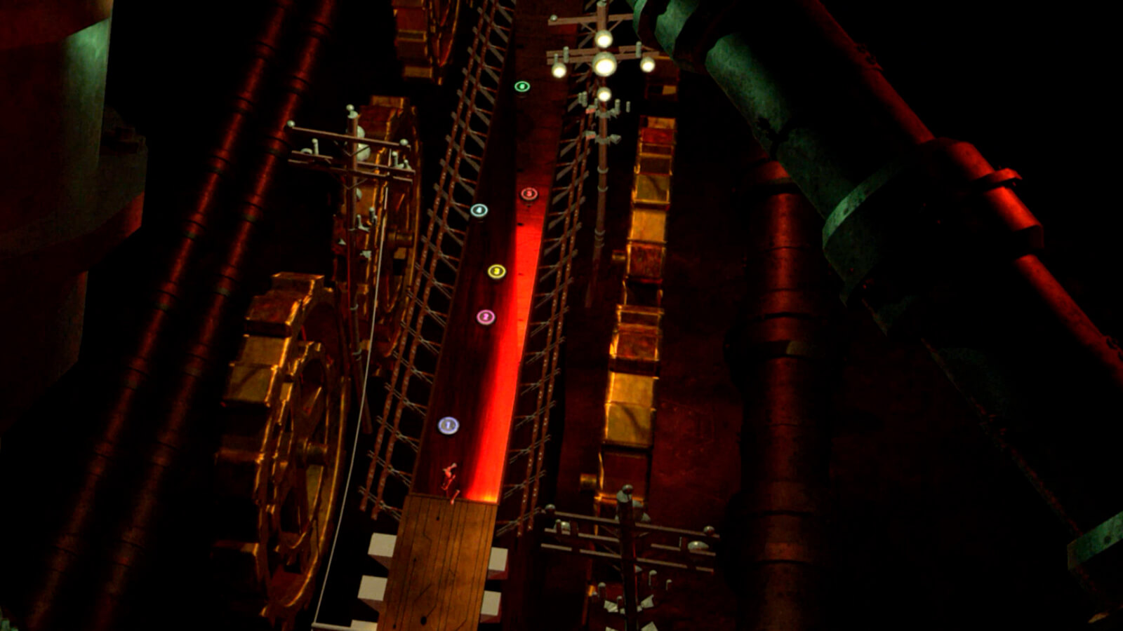 Un corredor industrial iluminado en rojo rodeado de engranajes y postes telefónicos visto desde arriba.