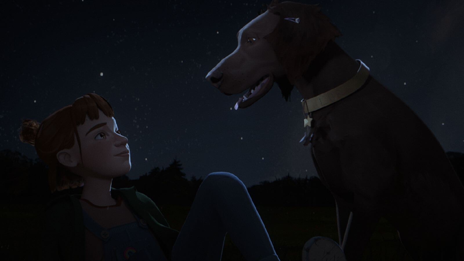 Una chica y un perro se miran fijamente bajo el cielo nocturno en una explanada, rodeados de estrellas.