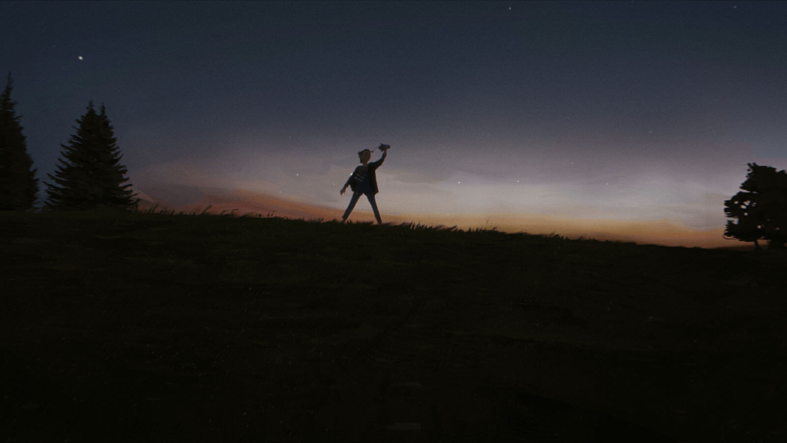 Una joven está de pie en una explanada al anochecer, jugando con un cohete en su mano.