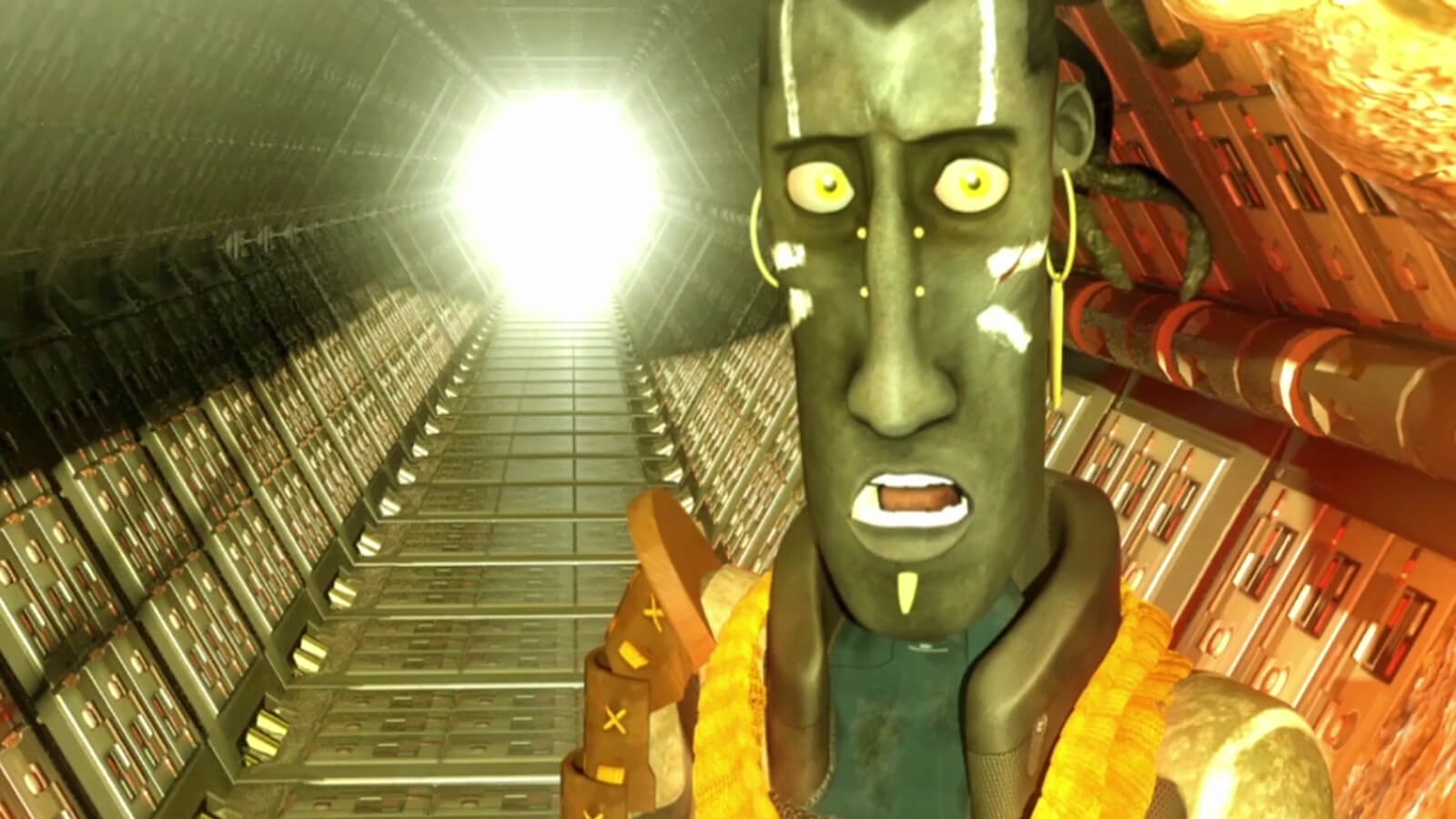 A man with a thin vertical face decorated with white body paint looks surprised staring down a hexagonal metal corridor