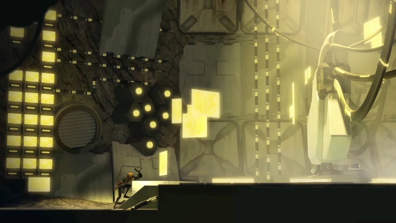 A man walks gingerly up to an altar where a large white machine stands in an expansive cavern lit by yellow lights
