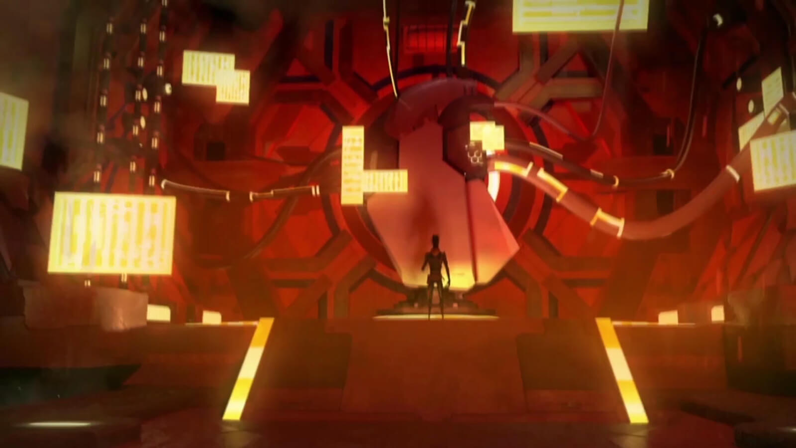 A man stands before a large machine connected to the wall by tubes. The room is tinged by red light and yellow accents.