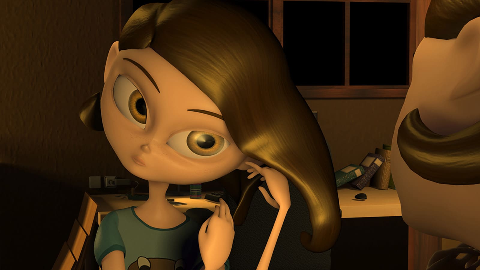 Skye, la protagonista, está sentada frente al espejo en su habitación, arreglándose el cabello.