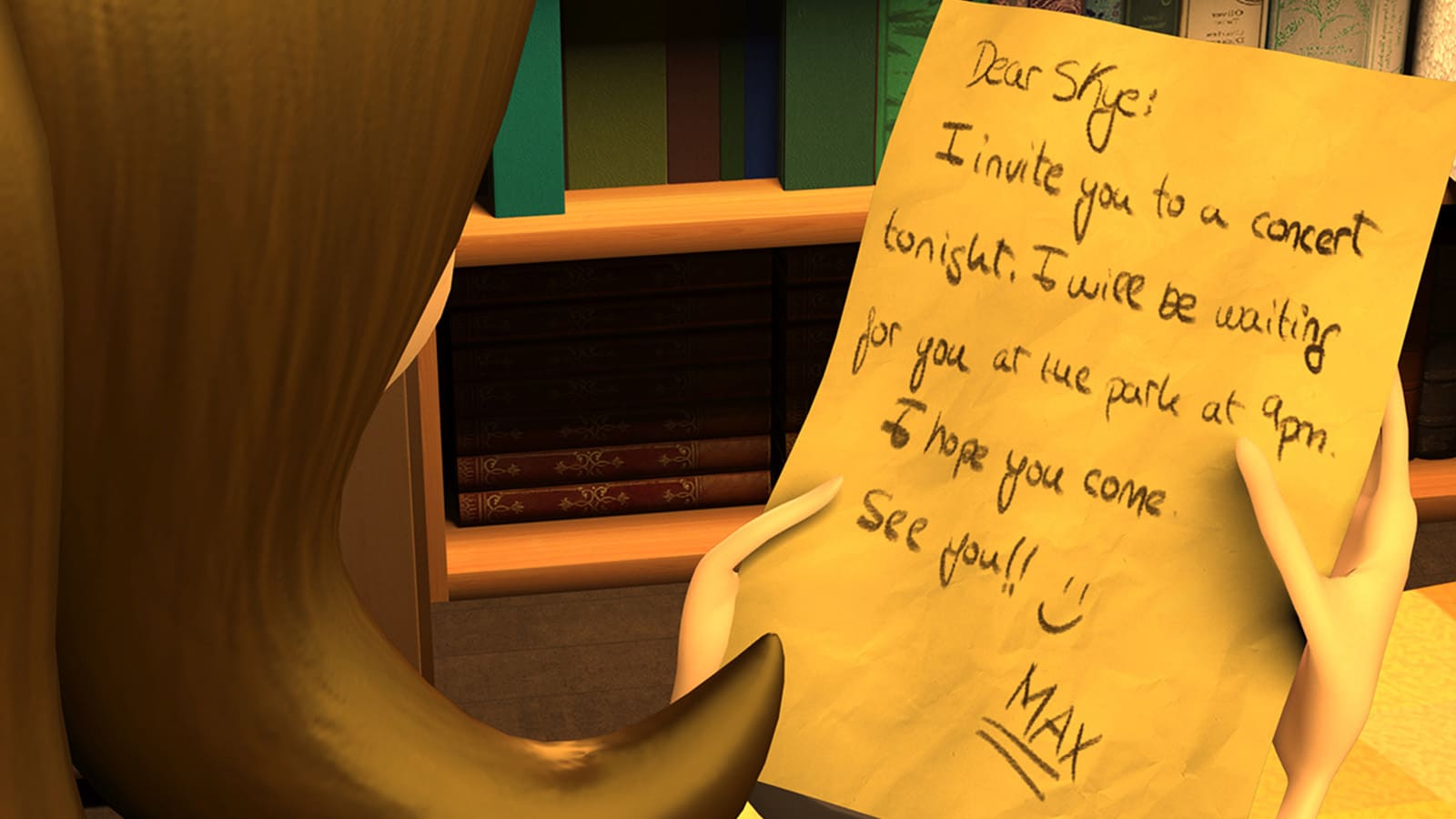 Skye, the protagonist, reads a paper note inviting her to a concert, filling her with excitement about the upcoming date.
