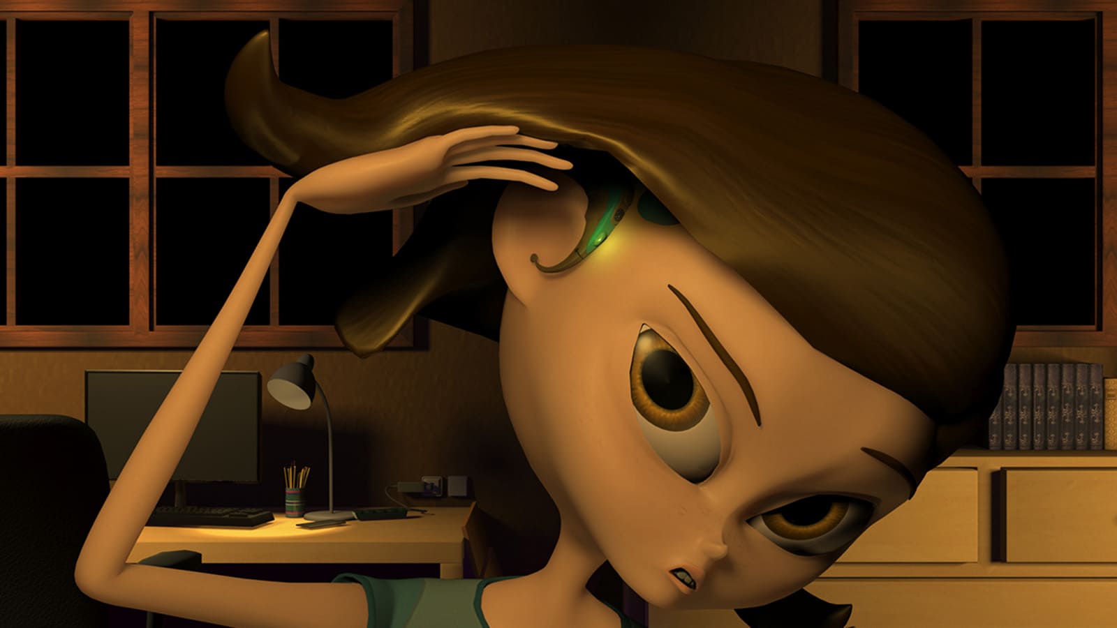 La protagonista recuerda que lleva un dispositivo auditivo en la oreja y lo mira desconsolada.