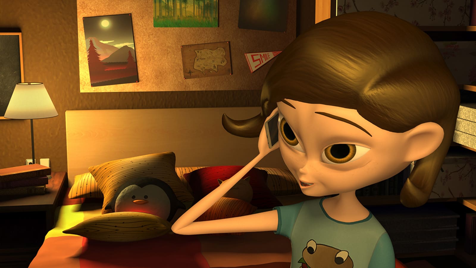 Skye, la protagonista intenta escuchar la voz de su amigo a través del teléfono sin su dispositivo de implante auditivo.