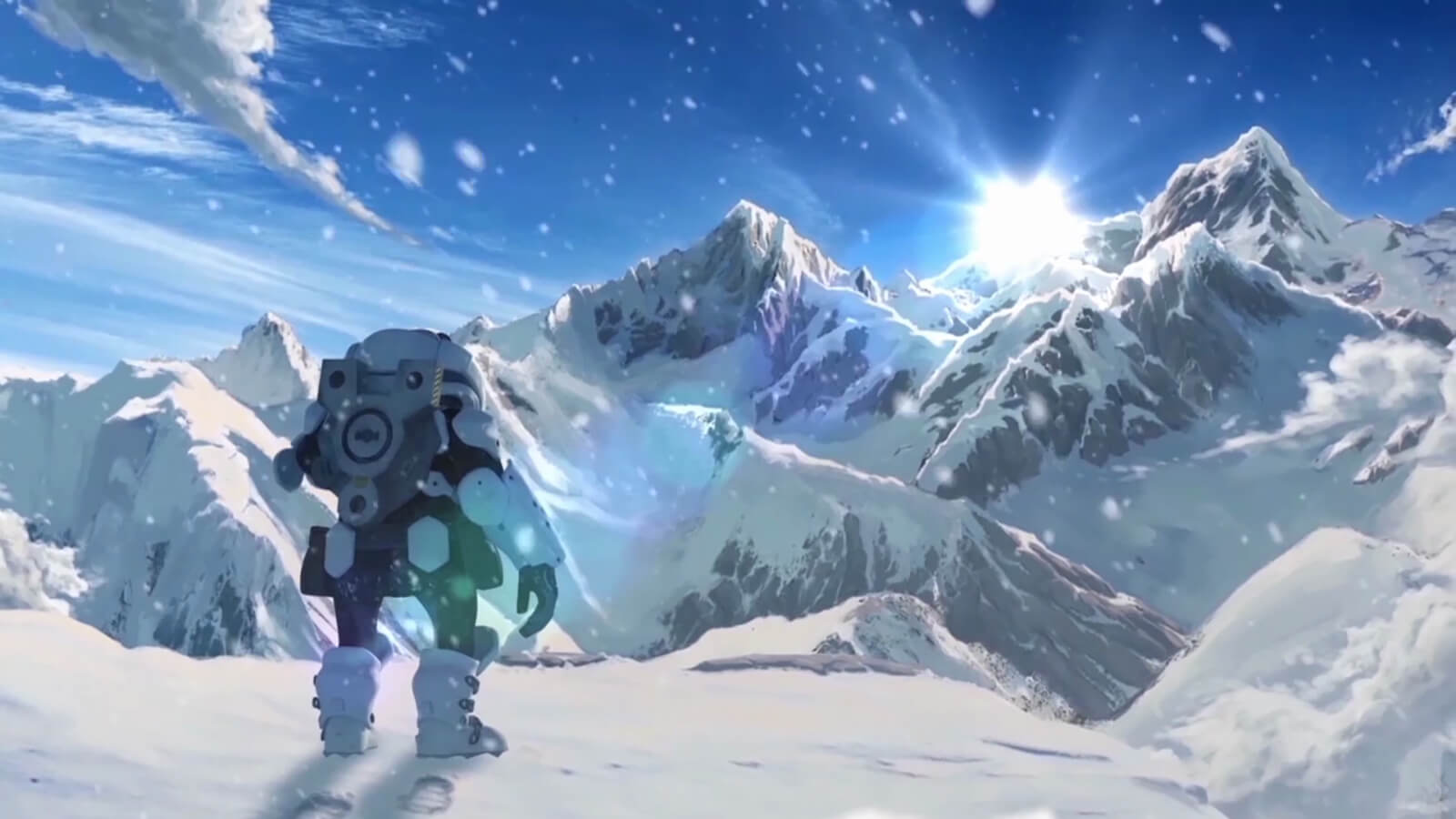 A man wearing futuristic armor stands on a snowy mountain top, looking at the sun rising over even higher peaks