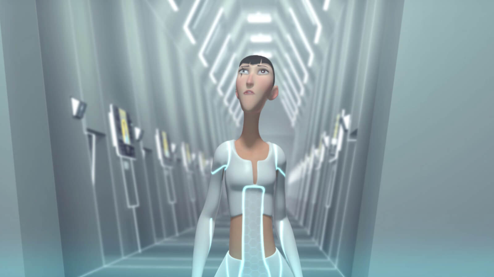 A tall, thin woman with a scar over her eye with futuristic white clothing walks down a brightly lit white corridor