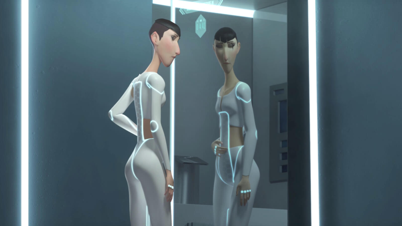 A tall, thin woman with a scar over her eye with futuristic white clothing looks into a mirror holding her stomach
