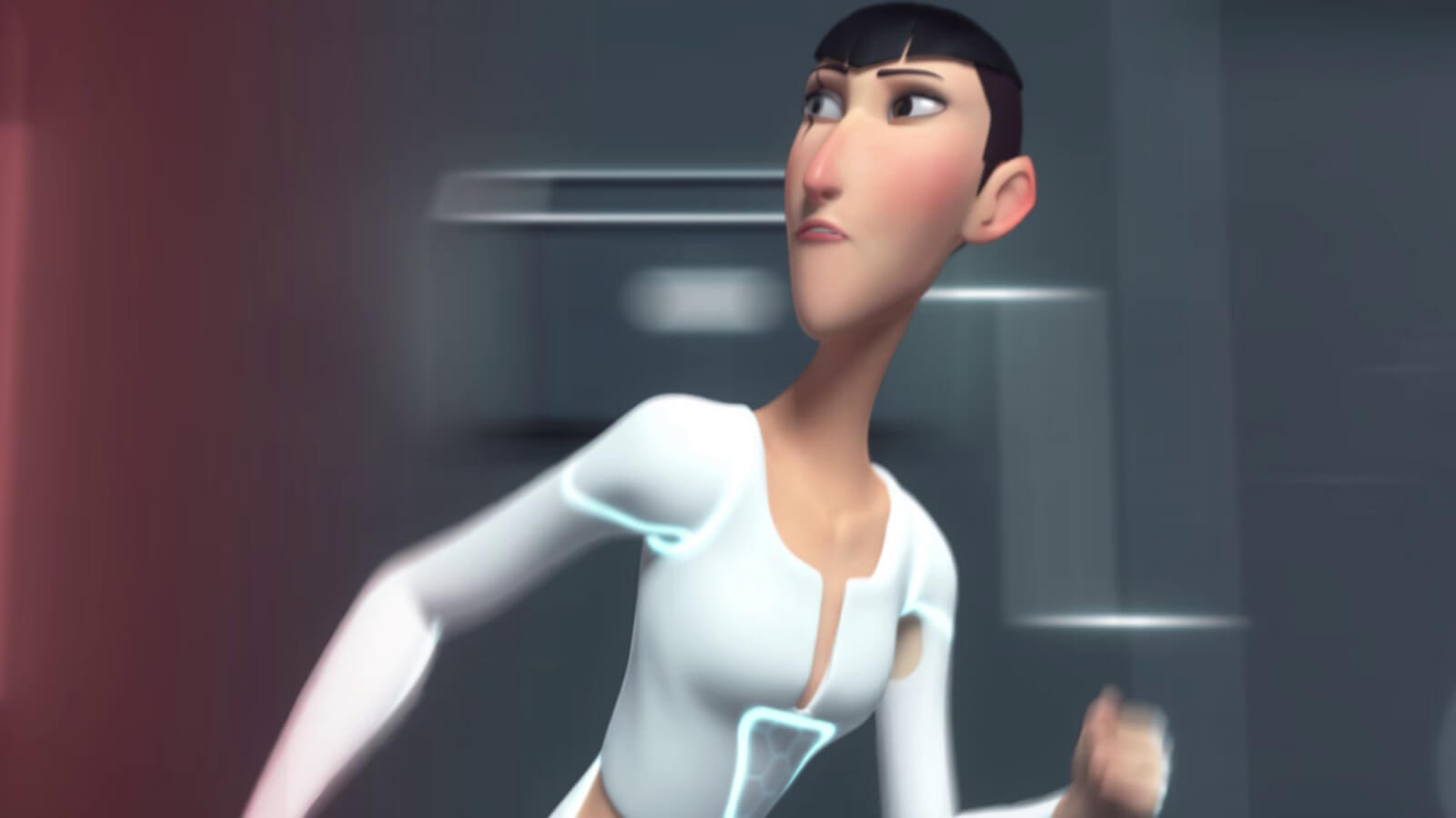 A tall, thin woman with a scar over her eye with futuristic white clothing runs away, looking behind her shoulder