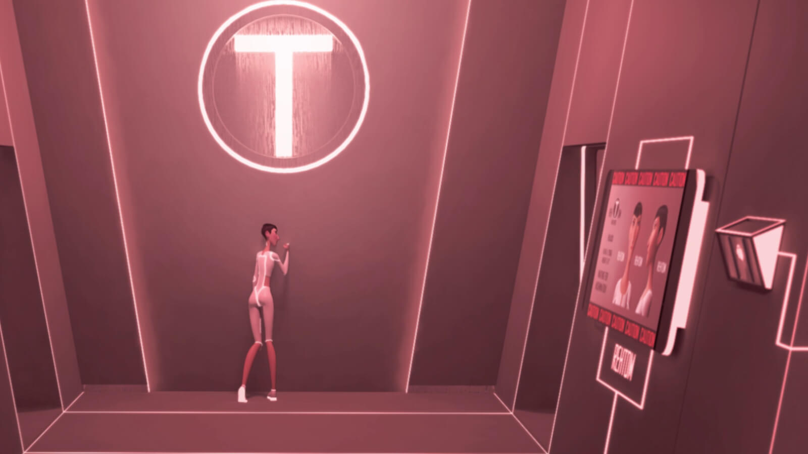 A tall, thin woman wearing futuristic white clothing leans against a pink-lit wall with a glowing T logo above her