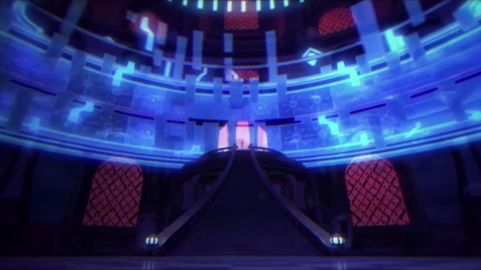 Grand staircase flanked by arched windows below a ring of futuristic, abstract imagery glowing blue
