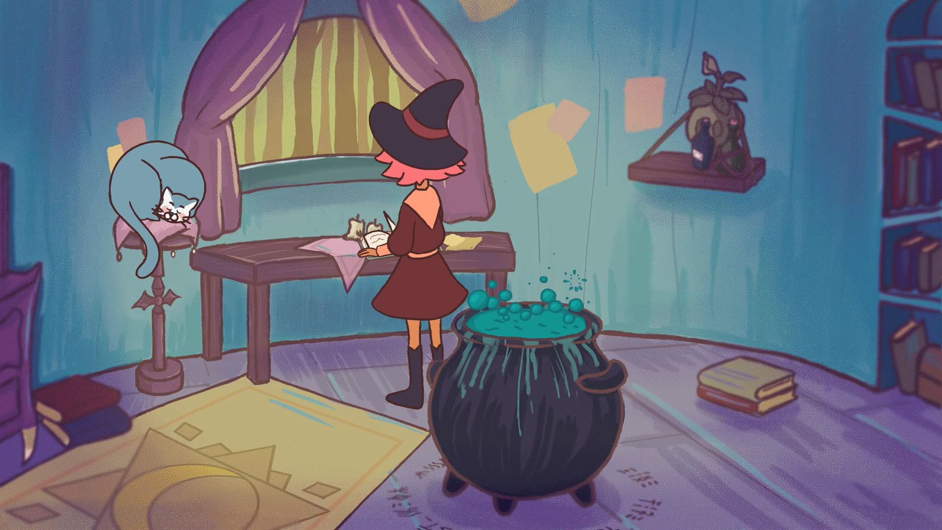 A young witch prepares a potion while her cat rests beside her.