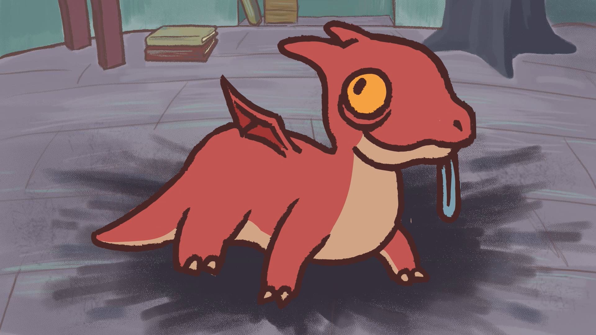 A pastel red baby dragon is depicted, with big yellow eyes and small, inexperienced wings.