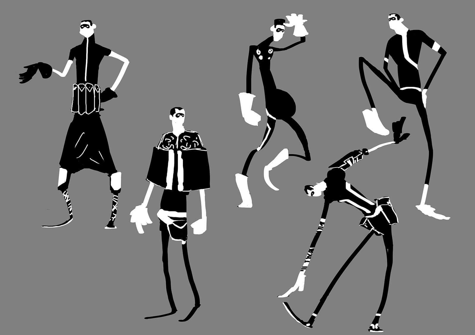 Black-and-white concept sketches or a tall, thin man in various outfits and poses
