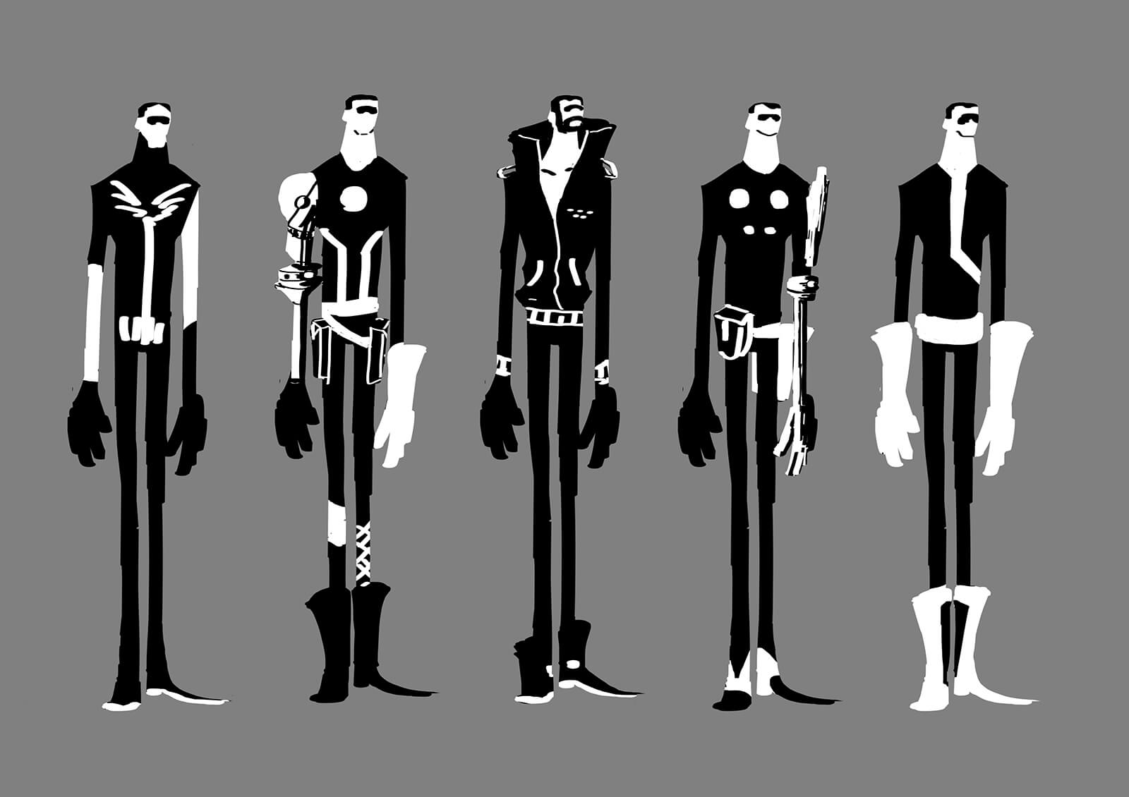 Black-and-white concept sketches or a tall, thin man in various futuristic outfits standing side to side