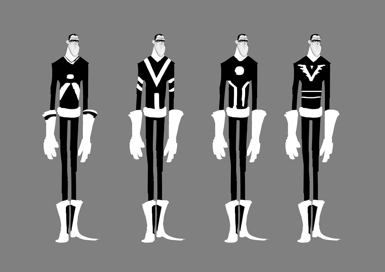 Black-and-white concept sketches or a tall, thin man in a futuristic outfit with differing chest logos standing side to side