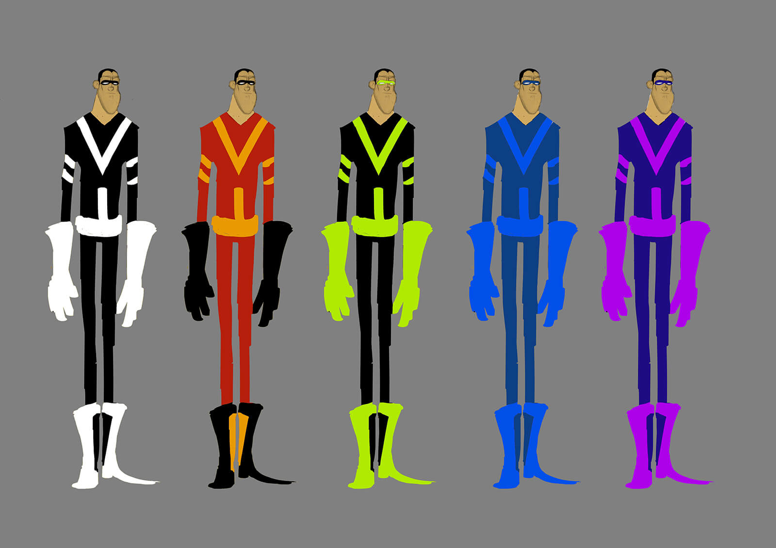 Color concept sketches or a tall, thin man in various futuristic outfits standing side to side