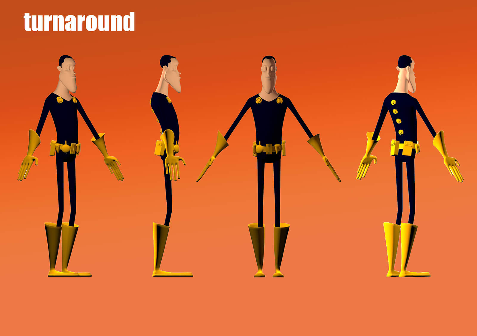 Turnaround slide of a man in black and yellow spandex from the film Deadly Delivery from different angles