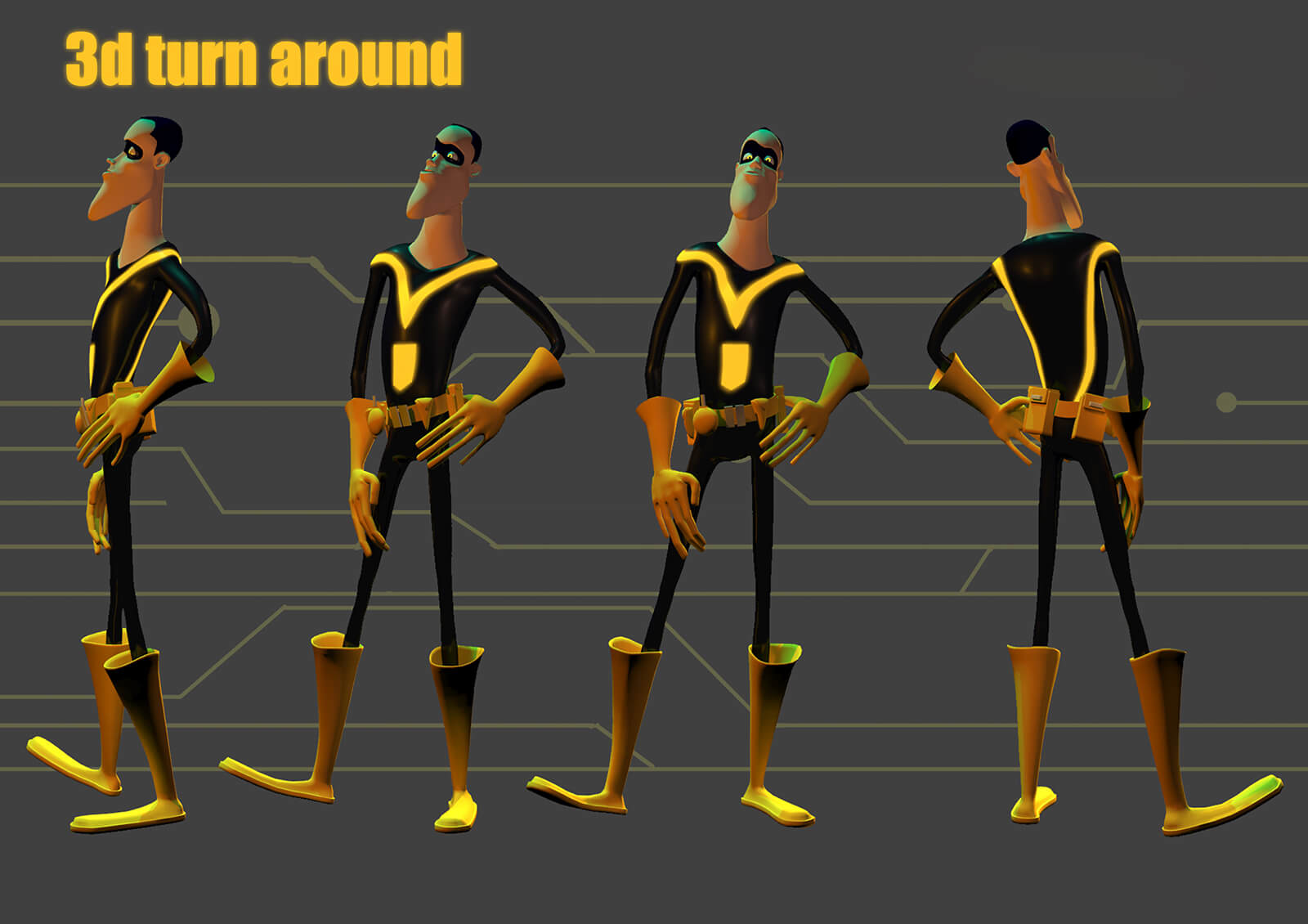 3D turnaround slide of a man in black and yellow spandex from the film Deadly Delivery from different angles