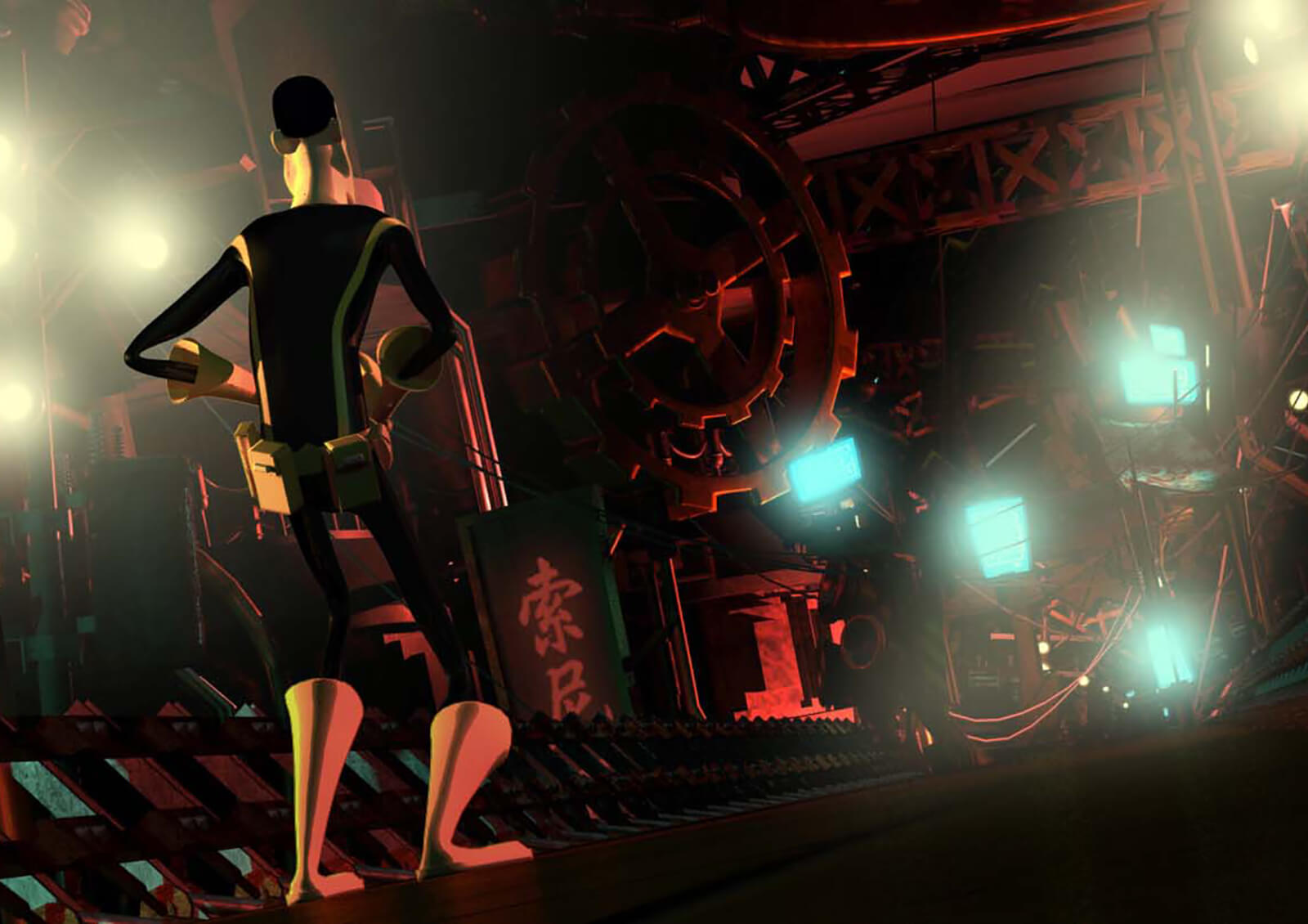 A man in yellow and black spandex tights looks down a red-lit industrial corridor