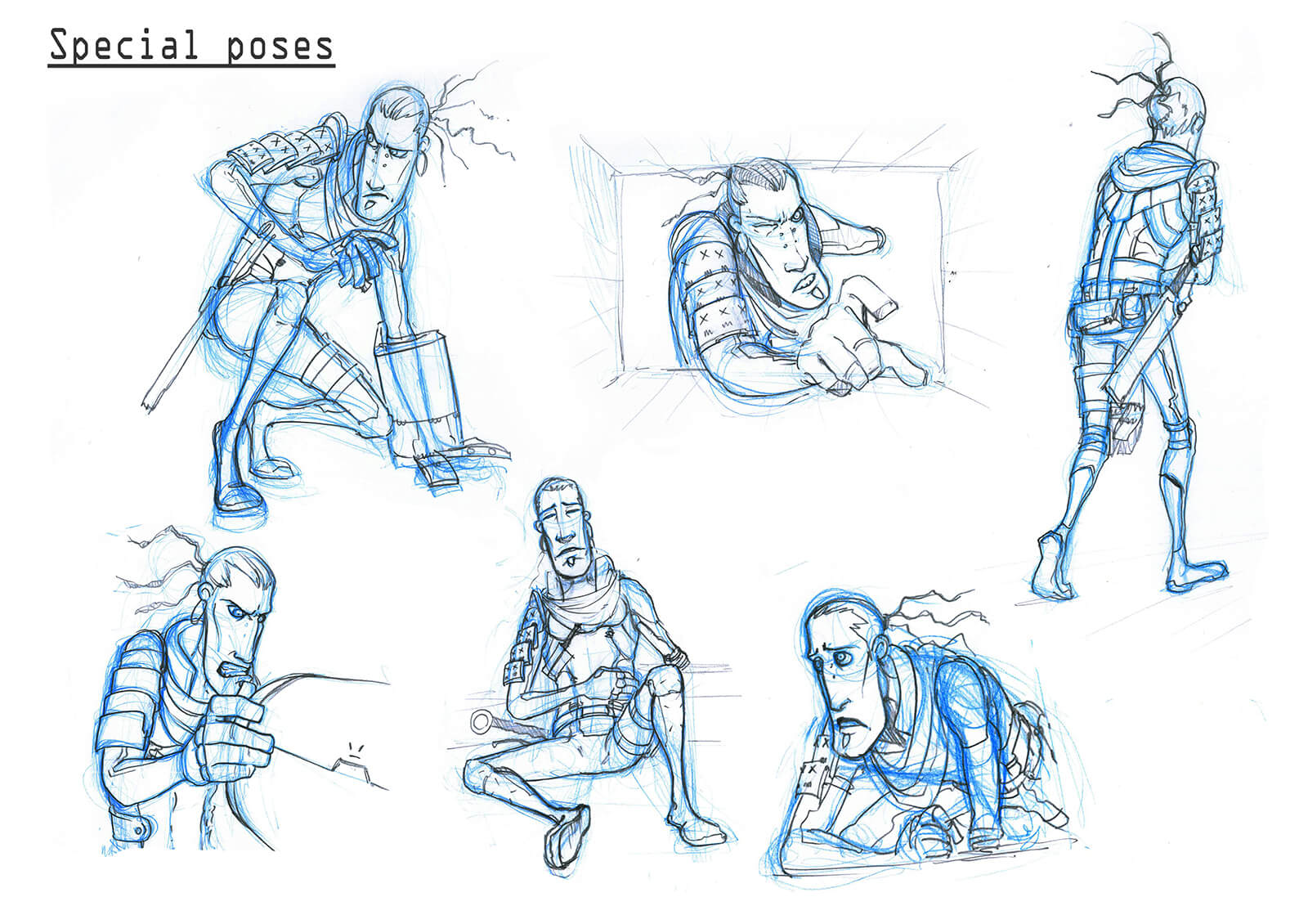 Blue and black sketches of a tall, thin man in body armor crouching, crawling, and sitting, among other poses