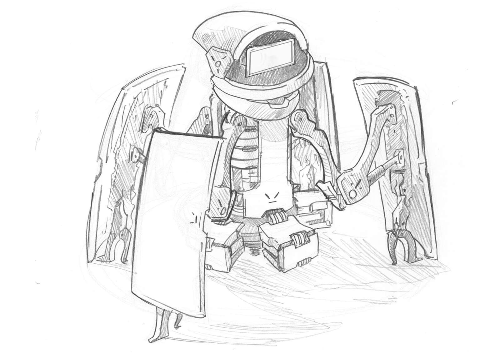 Black-and-white sketch of a short robot-like device with splayed-out panels revealing machinery inside