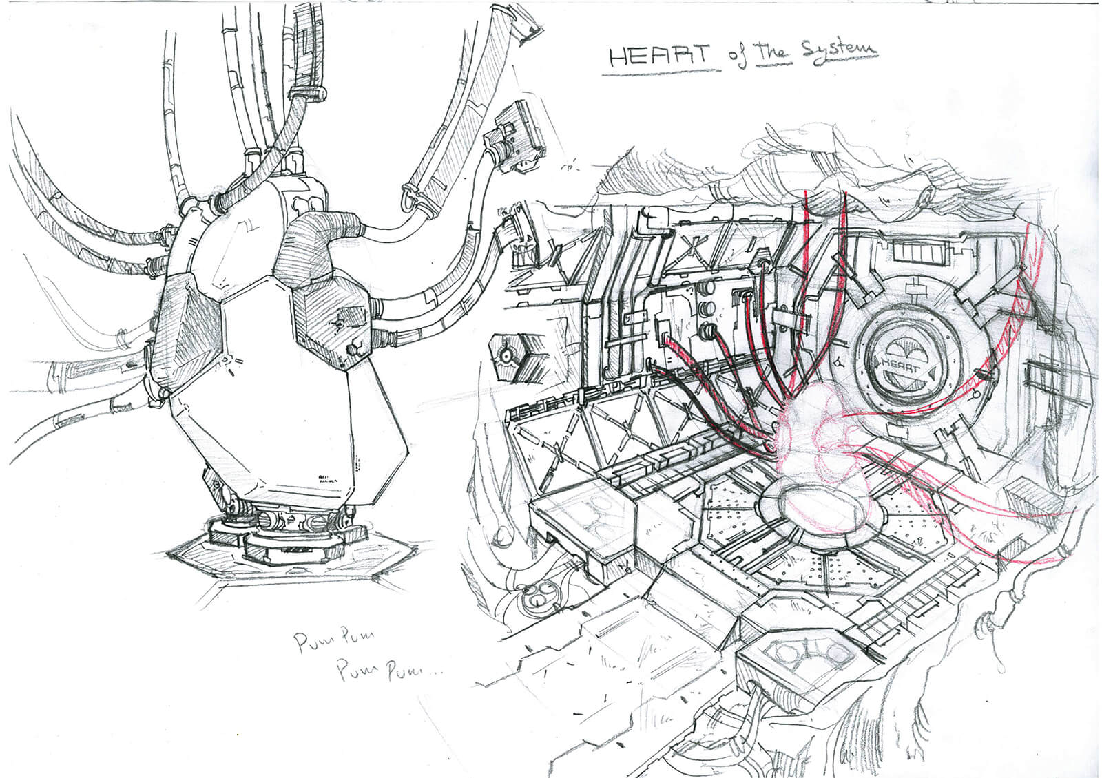 Black-and-white sketch of the &quot;Heart of the System&quot; from the film Heart Level, a white machine connected by several tubes