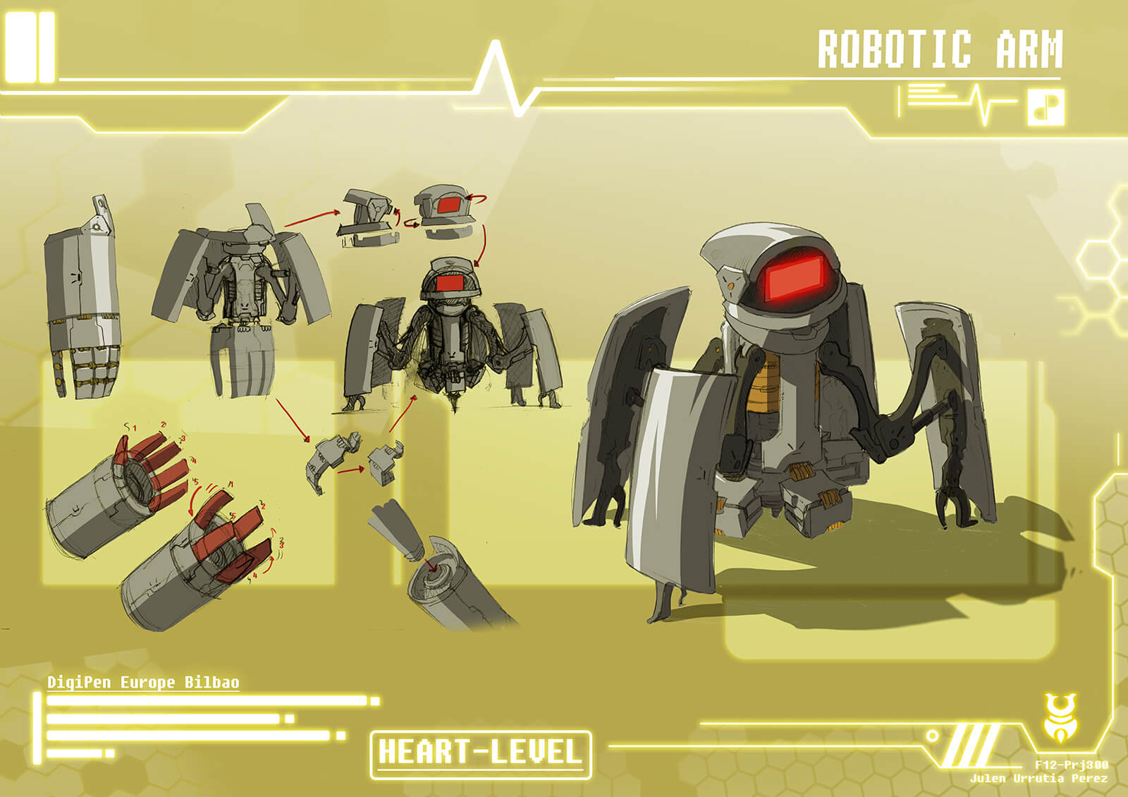 Concept paintings of metallic arm armor from the film Heart Level as it deploys into a short, red-faced robot