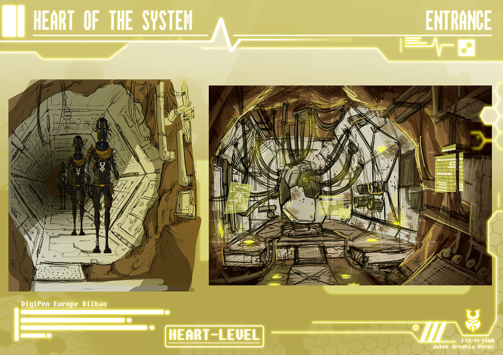 Concept paintings of the the &quot;Heart of the System&quot; including a narrow corridor, and a cavern and machine connected by tubes