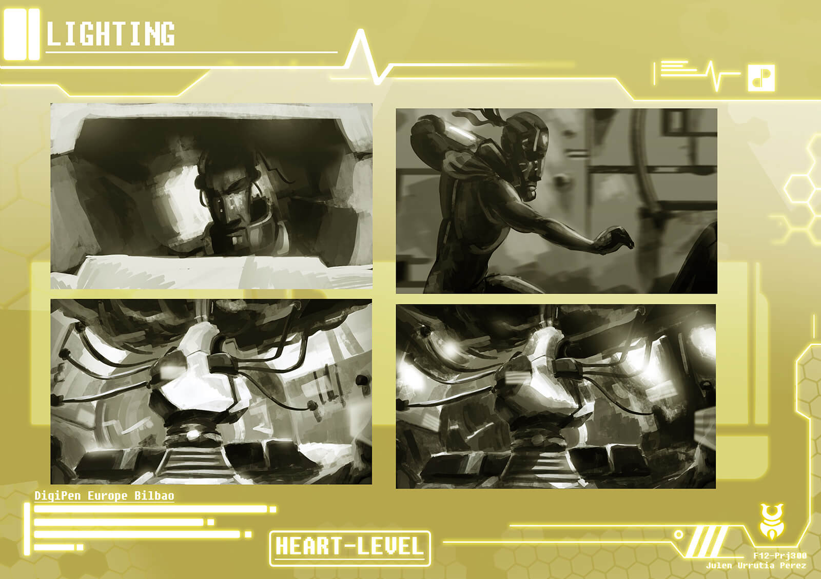 Black-and-white drawings detailing lighting schemes of various scenes in the film Heart Level