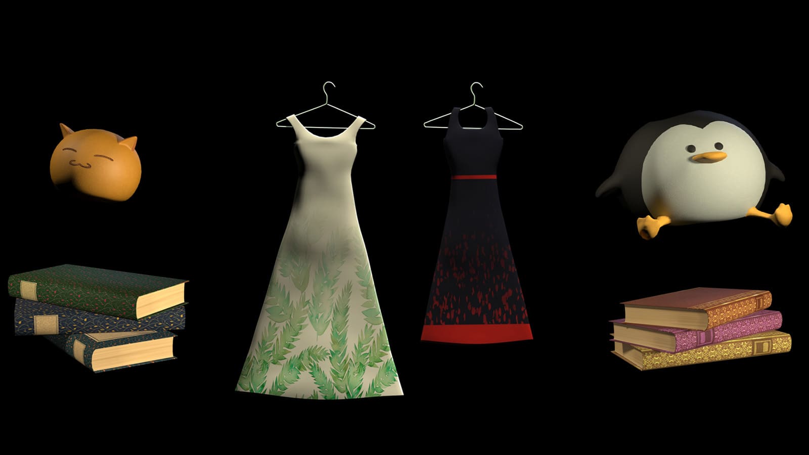 Exhibition of Skye&#039;s personal items designed in 3D, including books, stuffed animals, and dresses.