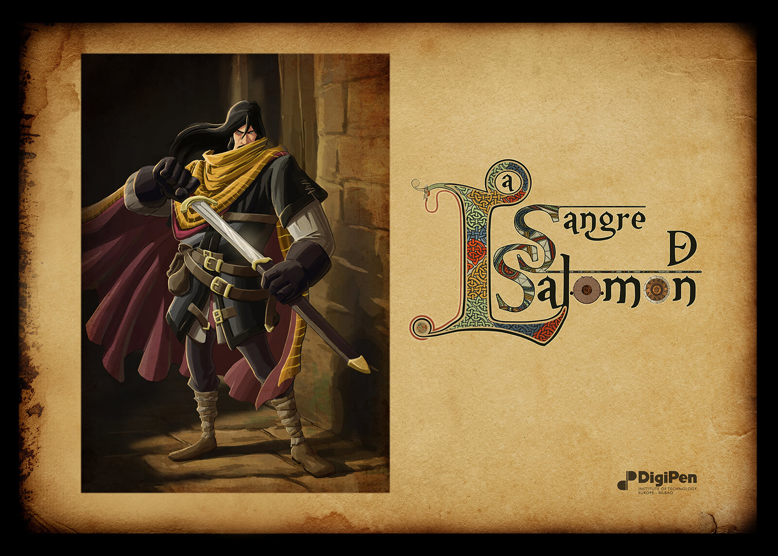 Presentation slide for the Sangre de Salomon, depicting a man with long-black hair, medieval armor, and a red cape and sword