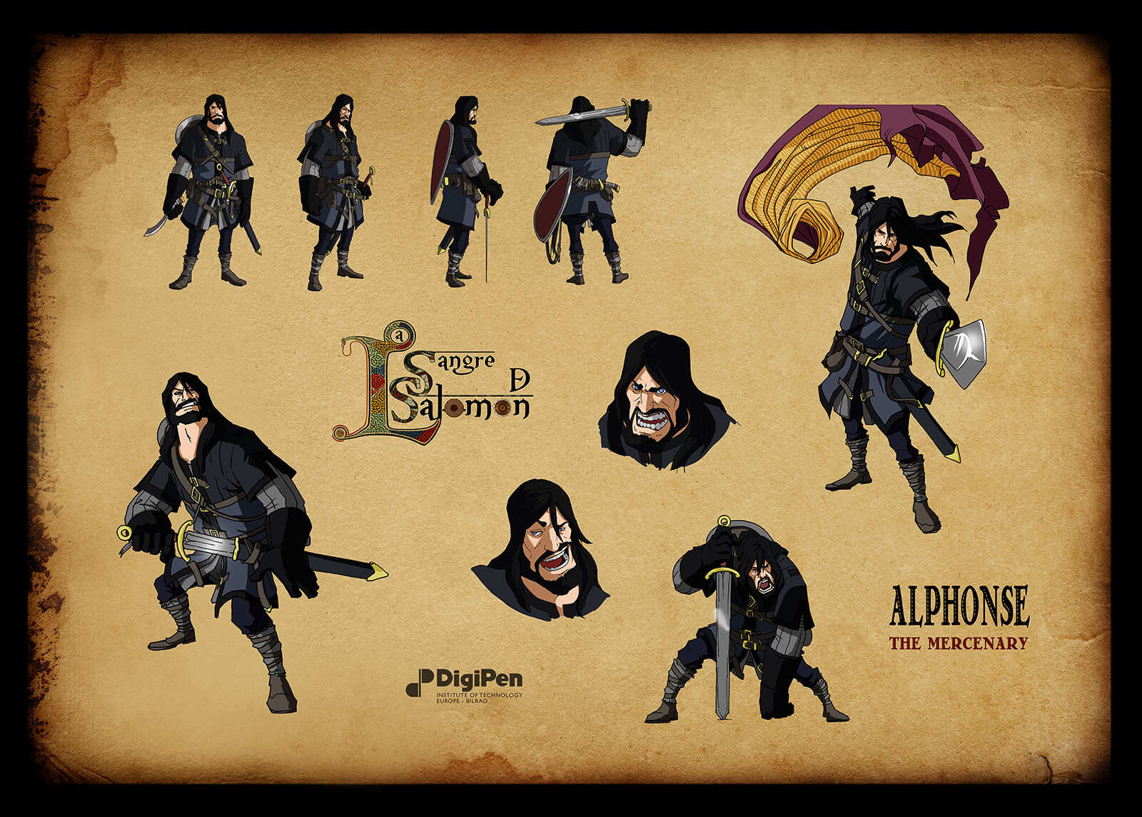 Concept paintings for Alphonse the Mercenary in Sangre de Salomon in various battle poses and expressions