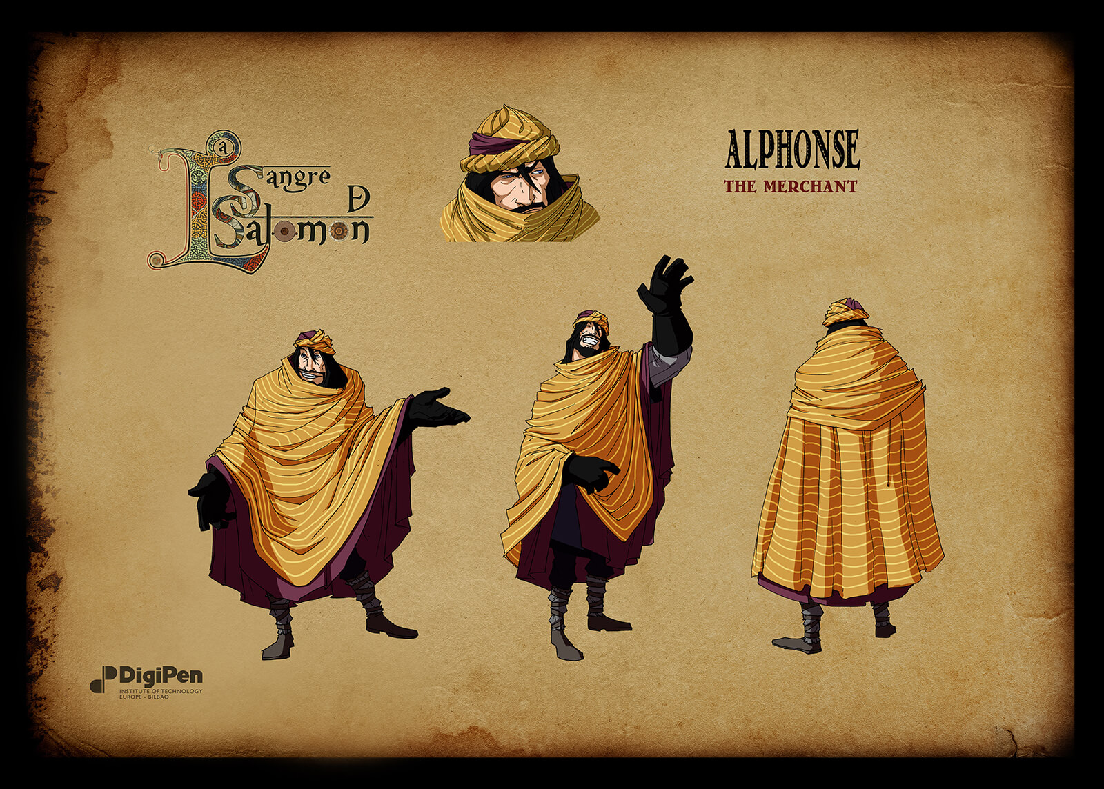 Concept paintings for a black-haired character in Sangre de Salomon disguised as a merchant in a yellow shawl and head scarf