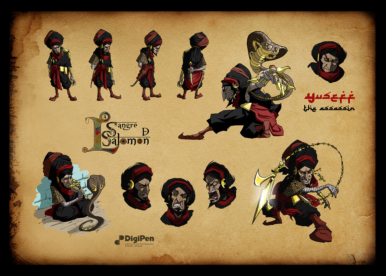 Concept paintings for a short, bearded assassin in black and red robes and turban in various poses with and without a snake