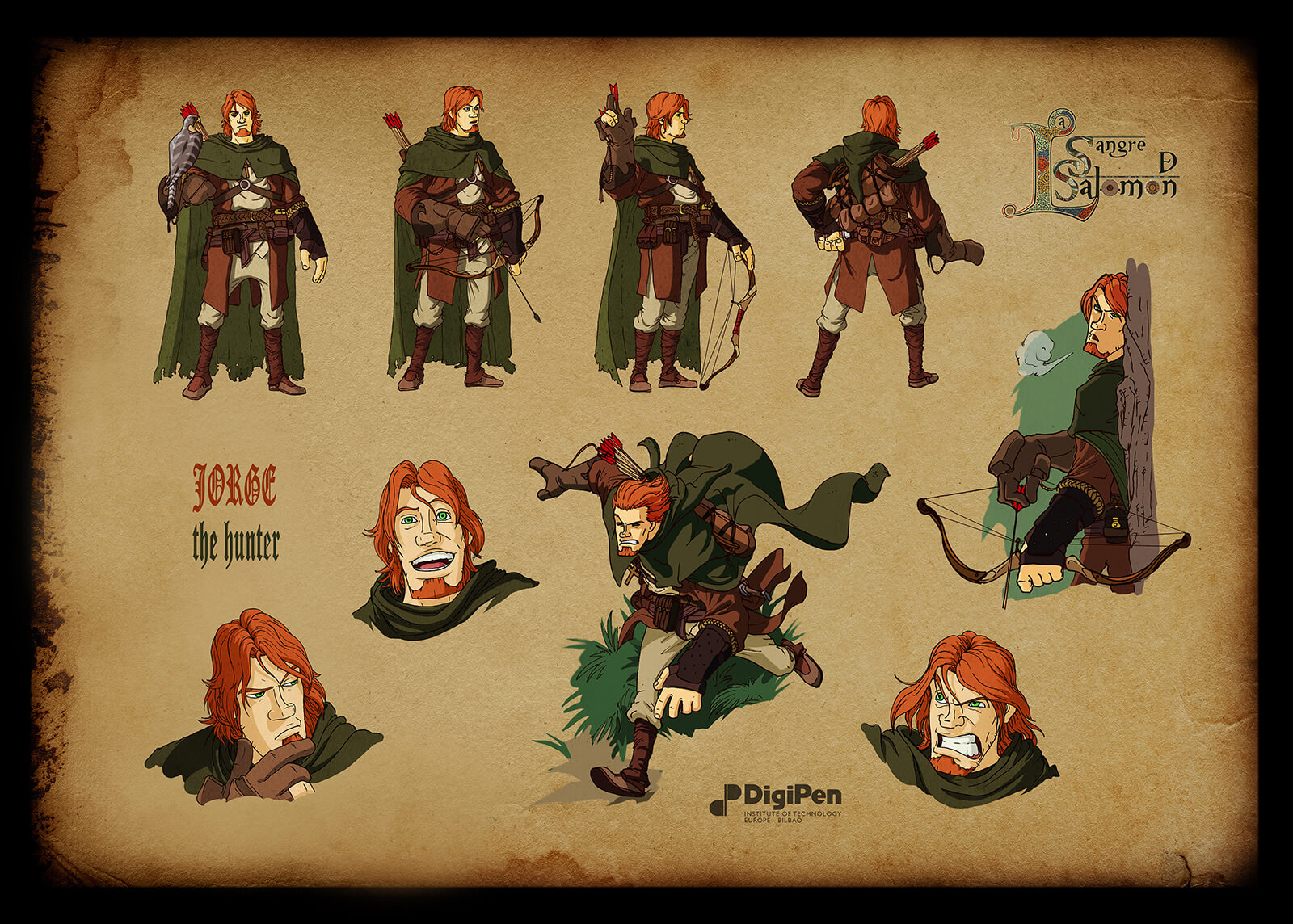 Concept paintings for a red-haired hunter in Sangre de Salomon in various poses in a green coat and bow and arrow