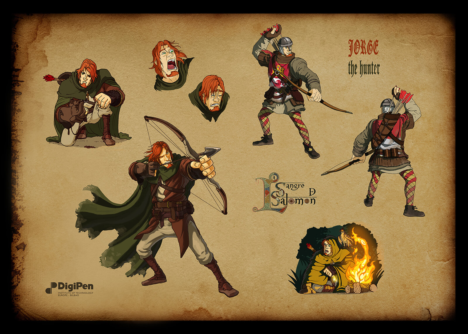 Concept paintings for a red-haired hunter in Sangre de Salomon in various poses, aiming a bow and arrow and crouching