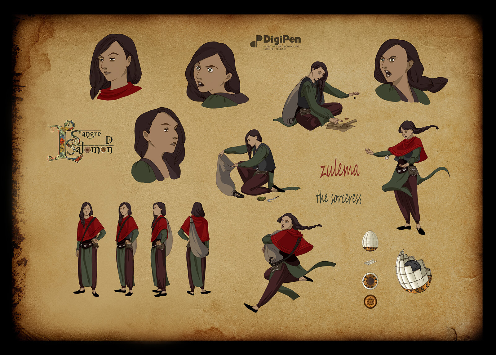 Concept paintings for a brown-haired sorceress in Sangre de Salomon in various poses and facial expressions