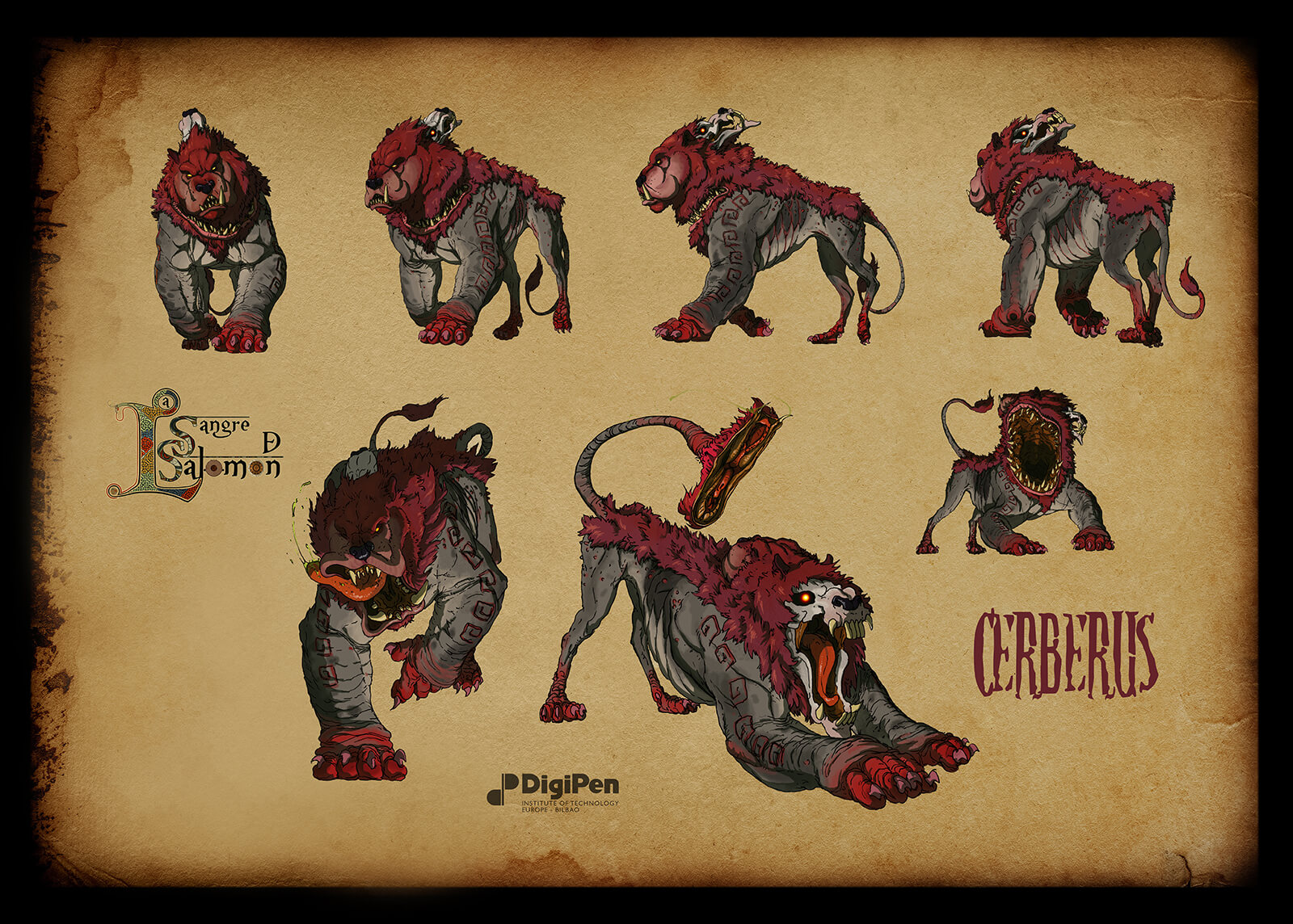 Concept paintings for a red and gray dog- and lion-like monster in various poses such as running or preparing to pounce