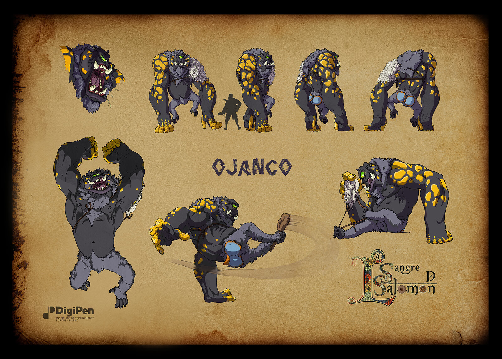Concept paintings for a gray and black ape-like cyclops monster named Ojanco in various poses such as pouncing and kicking