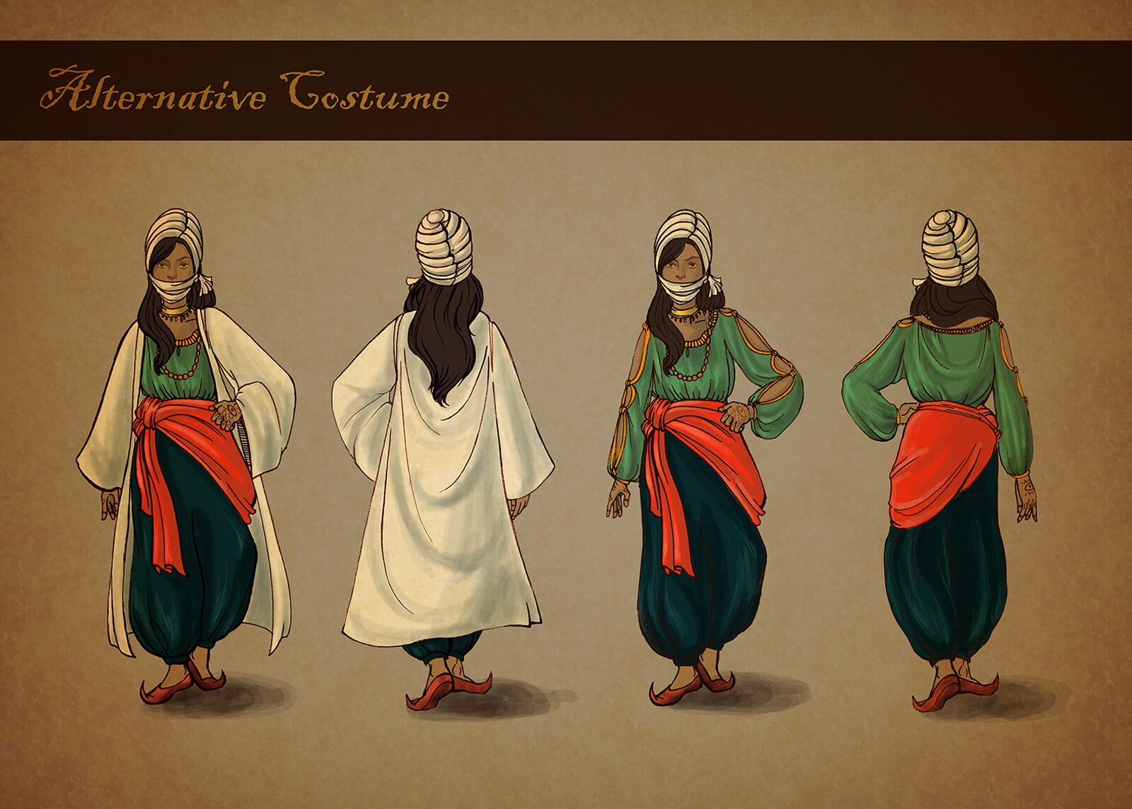 Concept painting of costume for Sangre de Salomon, a red, green, and blue medieval Arabic wear from different angles