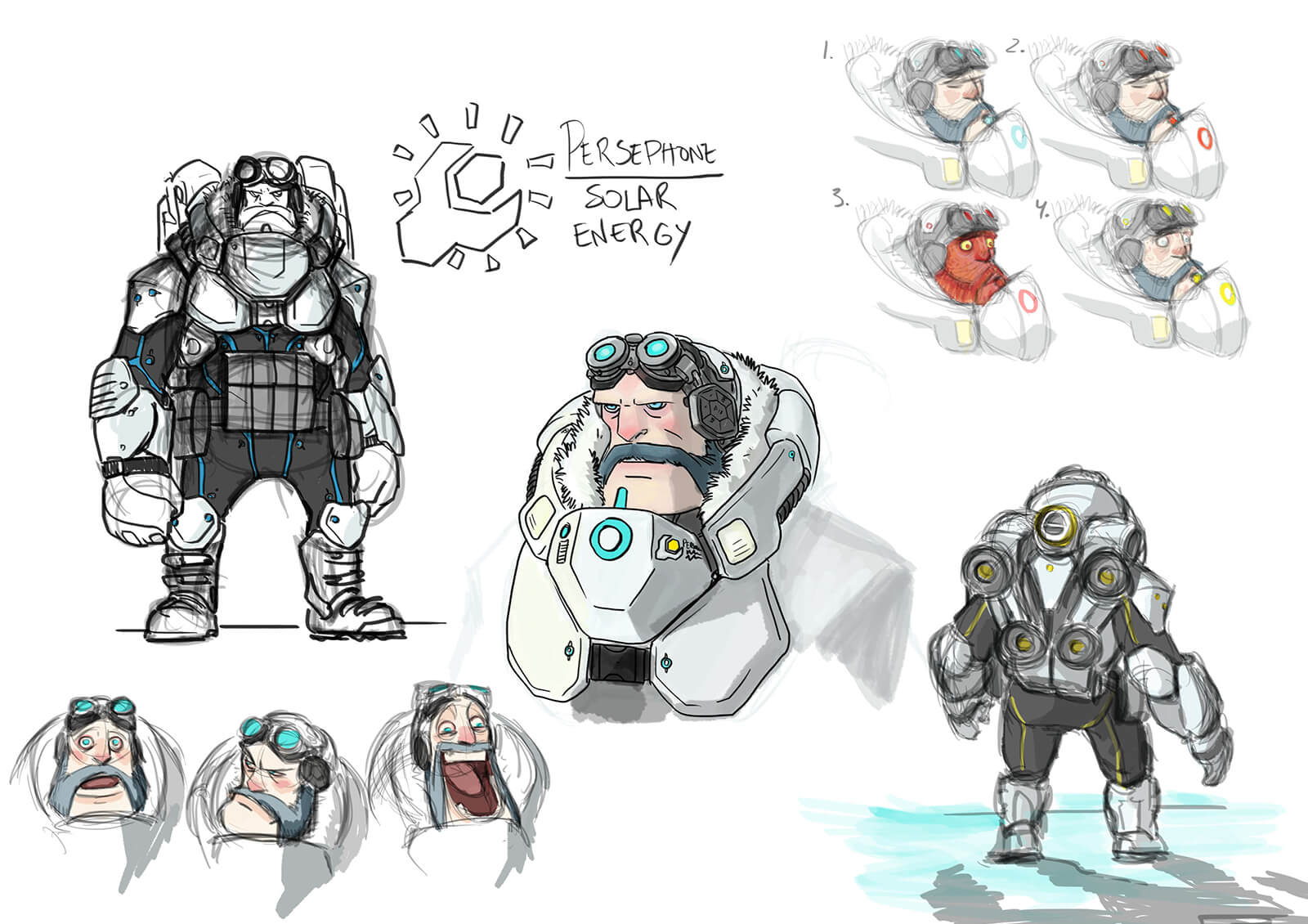 Color sketches of a bearded man in futuristic armor and goggles in various facial expressions from the film Level 1457