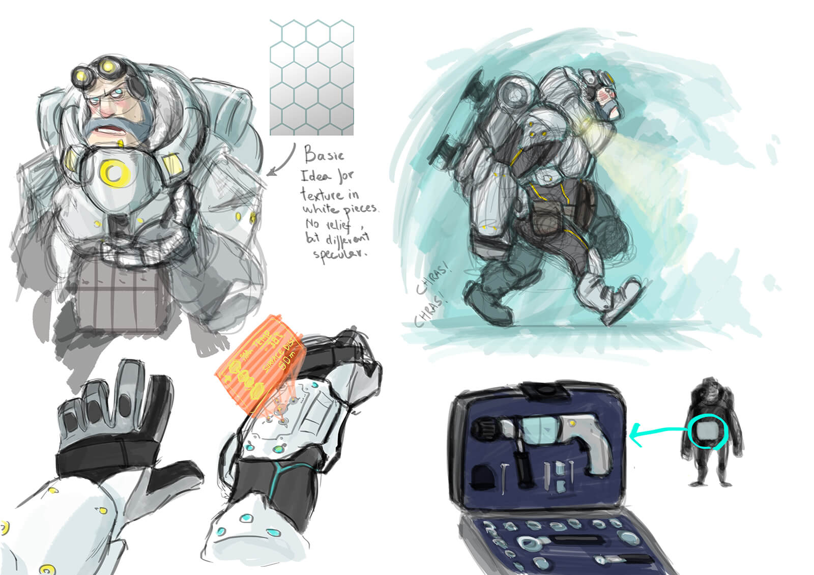 Color sketches of a bearded man in futuristic armor and goggles with details of various equipment on the armor
